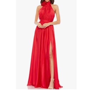 Mac Duggal Red Rosette Halter Gown